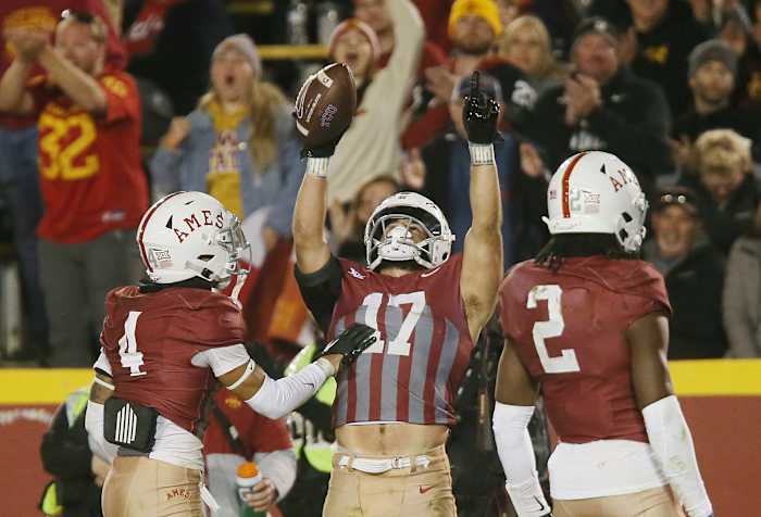 Iowa State Cyclones defensive back Beau Freyler (17) celebrates with teammates after an interception during the fourth quarter in the Jack Trice Legacy Game at Jack Trice Stadium on Saturday, Oct. 7, 2023